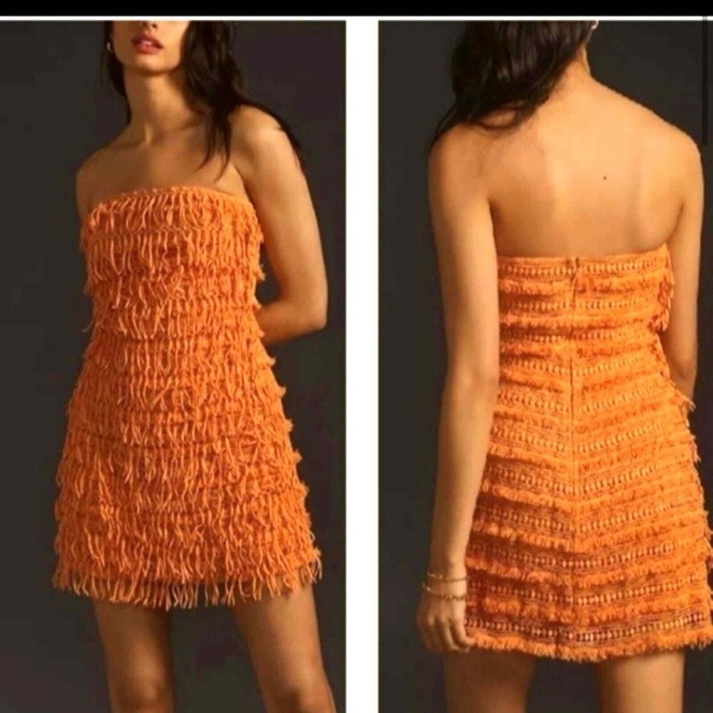 Anthropologie Orange Fringe Mini Dress